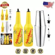 Compact Flair Bartender Kit: 2 Yellow 750ml Bottles & Stainless Steel Shaker