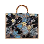 Nevenka Handbag Bamboo Tote Sequin Straw Woven Bag for Womens-Navy Blue
