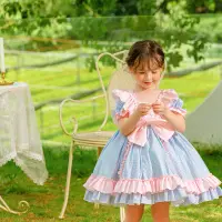 在飛比找蝦皮購物優惠-童裝兒童格子輕薄短袖蓬蓬裙女童蘿莉塔Lolita公主裙