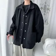 Collared Plain Cargo Shirt Jacket Black - 2XL