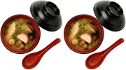 JapanBargain, Set of 2 Japanese Style Soup Bowl with Lid and Spoon Set Miso Soup Bowl Rice Bowl Snack Bowl Dessert Bowl Appetizer Bowl, Black and Red Color, 11 oz