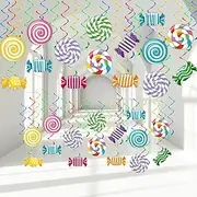 48pcs Candyland Birthday Party Swirls Decorations Colorful Candy Land Hanging Streamers Wall Ceiling Hanging Spirals Lollipop Candy Party Decors Supplies for Sweet Shop Baby Shower