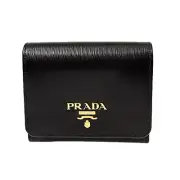 Prada Vitello Move Trifold Compact Wallet Black Leather Logo Plaque New