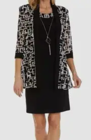 R&M Richards Womens Black Necklace Dress & Puff Print Jacket Set Size 12