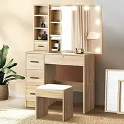 Oikiture Dressing Table with Stool, Makeup Desk with Slide Mirror, 10 LED Bulbs, 5 Drawers and 6 Shelves-Wooden