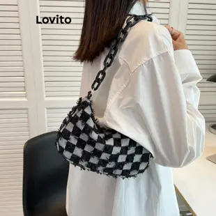 Lovito 休閒素色布料拼接流蘇鏈牛仔格紋小號女式斜背包 LFA21173