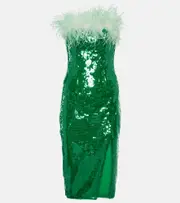 [Self-Portrait] Self-Portrait Feather-trimmed sequined midi dress AU 12 green