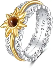 [POPLYKE] Gold Plated 925 Sterling Silver Sun Fidget Rings for Anxiety Tiger Eye Spinner Rings for Women Anti Stress Mood Rings Gifts Band Wide, Sterling Silver, Tiger Eye