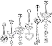 [TIANCI FBYJS] Surgical Stainless Steel Dangle Belly Button Rings for Women Belly Ring Dangling Piercing Jewelry with Heart Flower Butterfly Silver 14G, Metal, agate