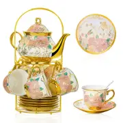 20 Pieces European Ceramic Tea Set for Adults With Metal Holder and Flower Pa...