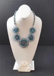 Sophisticated Style Youmi K Blue Silver Bead Statement Bib Necklace Handwoven
