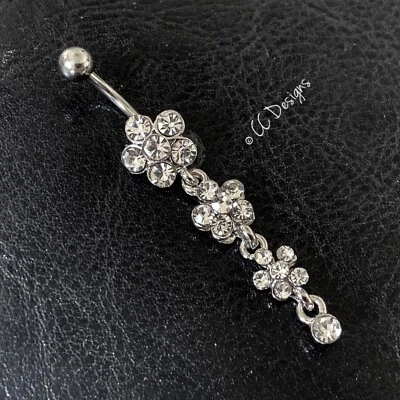 14g white sparkle cz triple flower dangle belly ring B513