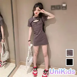 【UniKids】中大童裝鏤空短袖洋裝 韓女團潮流風貼身連身裙 女大童裝 VPKKM(黑 灰)