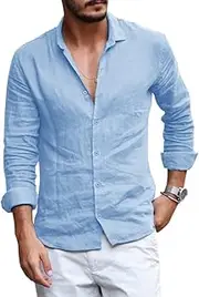 [Runcati] Mens Button Down Shirt Linen Cotton Shirts Casual Long Sleeve Spread Collar Lightweight Beach Plain Tops