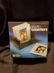 VTG Set 4 Cherished Accents Glass Photo Coasters Wood Holder 2" x 3" Photos New