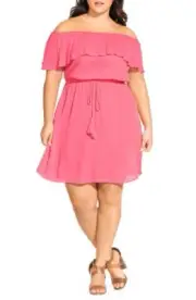 City Chic Ladies Off Shoulder Sun Kissed Dress sizes 14 16 XS Small Colour Guava