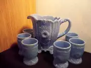 MOSER LIGHT BLUE OPALESCENT PITCHER W /6 GLASSES #1604
