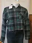 E6 NWT CROPPED Flannel Plaid Check shirt top button up Black & Green
