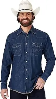 [Wrangler] Men's Cowboy Cut Western Long Sleeve Snap Work Shirt Washed Finish Button