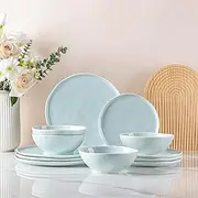 [LERATIO] Ceramic Dinnerware Sets for 4,Porcelain Plates and Bowls Sets with Wavy Edge,Microwave & Dishwasher & Oven Safe,Light Weight & Scratch Resistant Dishes Sets-Service for 4 (12pcs)-Light Blue