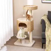 CostwayModern Cat Tower with Hanging Toy and Anti-tipping Device-Natural
