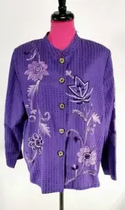 NWT Alex Kim Jacket Size PL Womens Purple Floral Embroidered Mandarin Collar