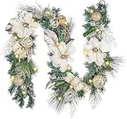 Valery Madelyn 6 feet Pre-Lit Christmas Garland with Lights for Mantle, Elegant Valentine’s Day Garland with White Gold Ball Magnolia for Fireplace Table Centerpiece Holiday Party Wedding Decor