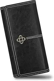 [AdiStylinno] Purses for Women, Long Leather Ladies Wallet Large Capacity Card Holder Wallet with Flower Snap, Vintage Zipper Clutch Wallet with 8 Card Slots 1 ID Window 2 Banknote Compartment, Black,