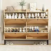 Furb Shoe Cabinet with Genuine Rattan Doors 24 Pairs Modern MDF Shoe Storage Organiser Rack with Metal Legs & Handles for Entryway, Hallway, Living Room