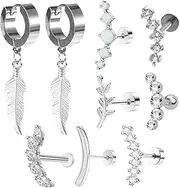 [UICCVOKK] 9 Pcs Helix Piercing Jewellery,Hypoallergenic Flat Back Earrings for Women Men,Surgical Steel Tragus Earrings Set,Stud Opal CZ Leaf Bar Cartilage Conch Daith Tragus Piercing Jewelry