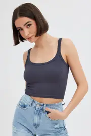 Grey Singlet Top Round Neck - Size L, Women's Singlet