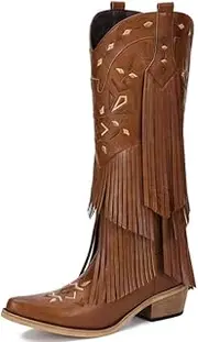 [Bybmorto] Cowboy Boots for Women - Fringe Knee High Cowgirl Boots with Classic Embroidery, Pointed Toe Pull on Retro Design, Perfect for Western Parties, Weddings and Events