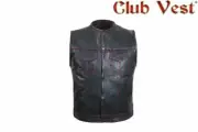 Men's Motorcycle Leather Vest Rounded Collar with Snap & Zipper Front Closure