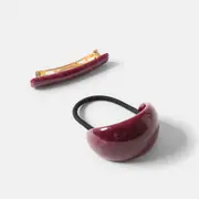 2 Pack Red Barrette Hair Tie and Clip Set