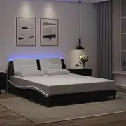 Queen Bed Frame with LED Lights, Black and White Faux Leather, 152x203 cm Platform Base with Plywood Slats, Modern Design Headboard