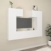 White TV Cabinet Set - Modern Entertainment Center, Media Storage Furniture for Living Room, Bedroom - Space Saving Wall Mounted Stands & Shelves