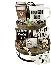 Coffee Tiered Tray Decor Set - Tiered Tray Decor Set with Wooden Signs | Coffee Vintage Rustic Style Coffee Farmhouse | Vintage Rustic Style Coffee Decor Party Decorations Table Centerpiece