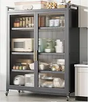 LVLDAWA Kitchen Shelves Microwave Storage Cabinets with Acrylic Glass Doors Freestanding Kitchen Bakers Rack with Wheels for Home, Study(Black,100x44x157cm)