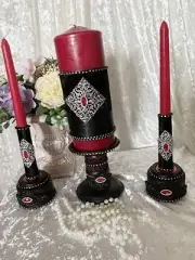 Black Red Wedding Unity Candle/Candleholders Set Of 9 Pearls, Rhinestones, Lace