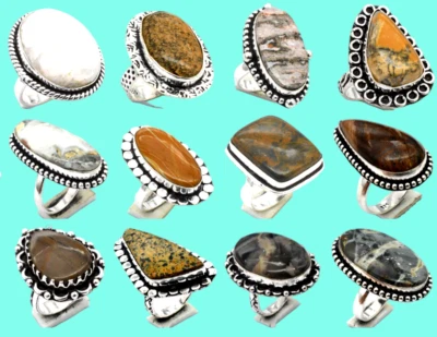 Jasper gemstone 10 Piece Mix size & Design gemstone rings lot Silver Plated lot
