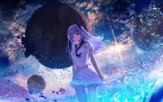 Anime blue hair school uniform tie horns eyes sky lights Playmat Game Mat Desk