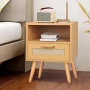 ALFORDSON Bedside Table Wooden Nightstand Cabinet 40 x 30 x 51cm Scandinavian Design 2-Drawer Rattan Organiser Storage Shelves Bedroom Living Room Sofa Side Table in Wood Colour