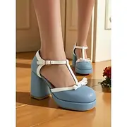 Women's Blue and White T-Strap High Heels with Bow Detail -1960s Vintage Style,Comfortable Platform Pumps for Casual, Daytime Wear and Retro Outfits.