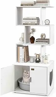Costway Cat Litter Box Enclosure with Storage, 142 cm Tall 2-in-1 Hidden Cat Washroom Furniture with 3 Open Shelves, Side Entry, Doors, Indoor Industrial/Modern Pet House Corner Bookshelf
