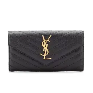 【YSL】SAINT LAURENT Monogram 皮革 信封式 扣式 皮夾 長夾 黑+金色