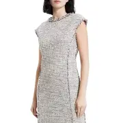 THEORY Tweed Fringe Cap Sleeve Shift Mini Dress Coral Ivory Multi Preston Size 8
