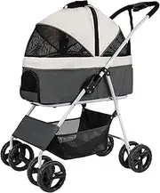Dog Pram Stroller Premium Pet Strollers for Medium Small Dogs, Foldable 4 Wheel Cat Strollers with Detachable Carrier, Breathable Car Seat Large Capacity Net Bag Loading 20kg(Grey B)