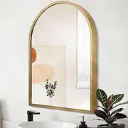 [HLFMVWE] Wall Mirror Arched Bathroom Mirrors, Aluminum Alloy Frame Hanging Vanity Mirror for Living Room Bedroom Entryway Vanity, Brushed Metal Framed Wall Mounted Mirror Gold 16"x12"