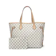 Women Checkered Tote Shoulder Bag Purse Pu Leather Handbag Bag With Inner Pouch White