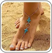 [Cybche] Boho Turquoise Cross Barefoot Sandal Chain Anklet Silver Hollow Circle Toe Ring Anklet Turquoise Ankle Bracelet Summer Beach Cross Toe Ring Anklet Jewellery For Women